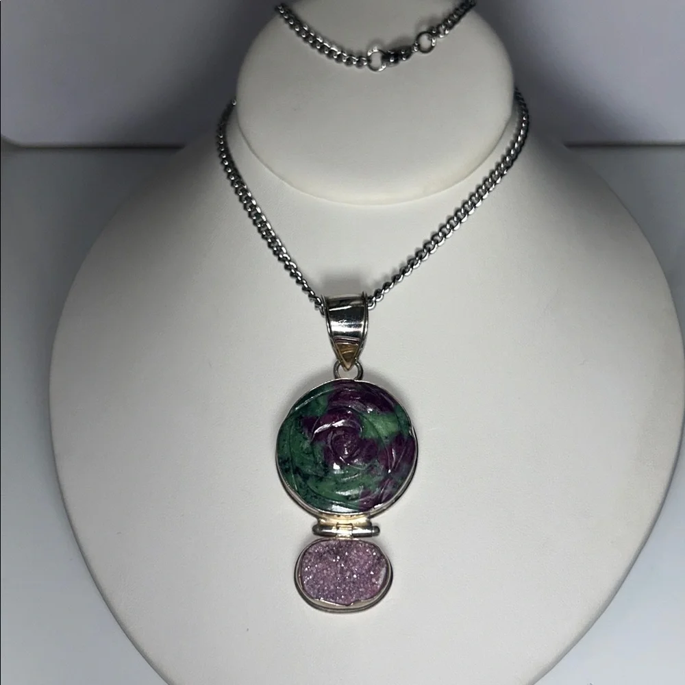 Artisan Made Vintage Sterling Silver Multi Gemstone Pendant Necklace